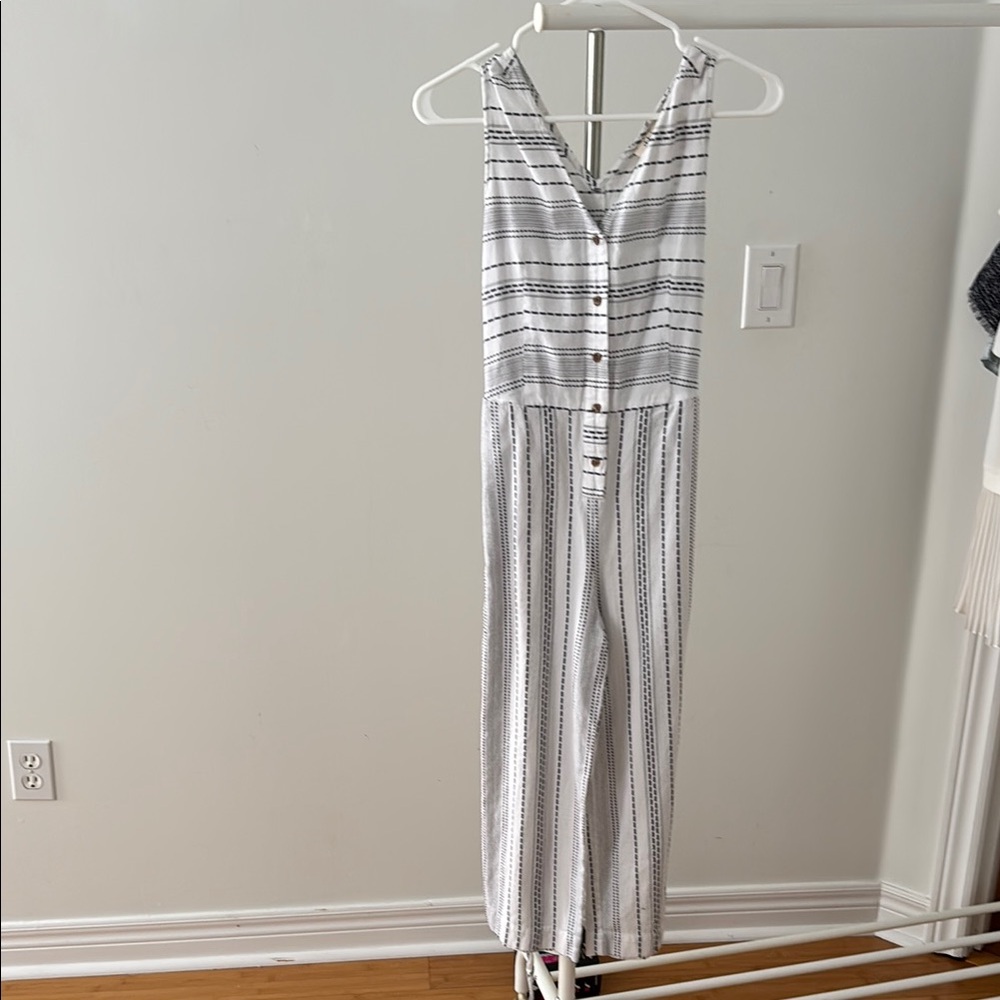 Striped White V-Neck Button-Front Jumpsuit